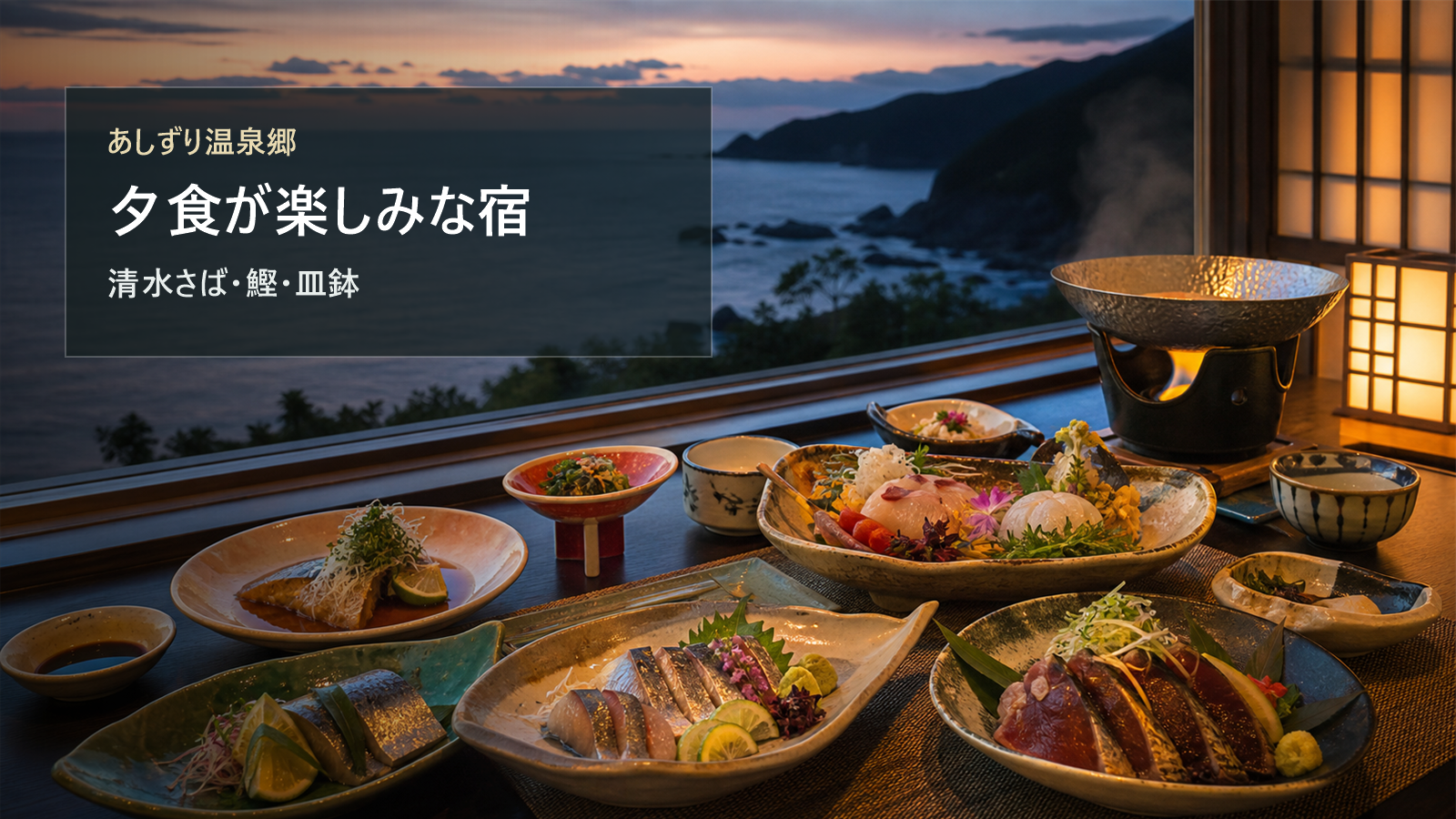 あしずり温泉郷で夕食が楽しみな宿を清水さば、鰹、皿鉢で選ぶ写真風アイキャッチ