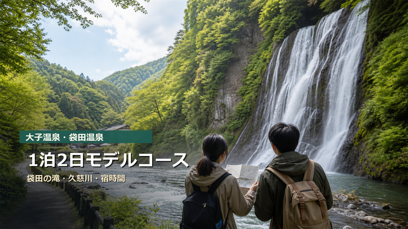 大子温泉・袋田温泉1泊2日モデルコースを袋田の滝、久慈川、奥久慈の宿時間で示す写真風アイキャッチ