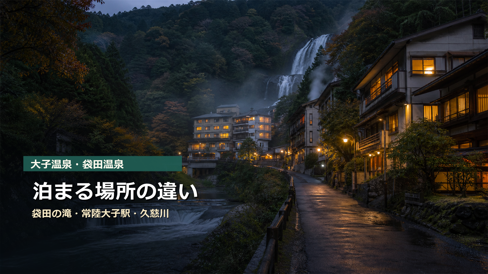 大子温泉・袋田温泉で泊まる場所を袋田の滝、常陸大子駅、久慈川沿いで比較する写真風アイキャッチ