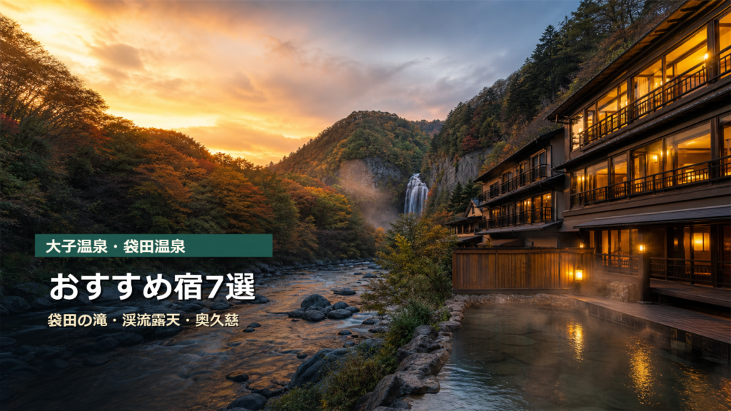 大子温泉・袋田温泉のおすすめ宿を袋田の滝、渓流露天、奥久慈の味で示す写真風アイキャッチ
