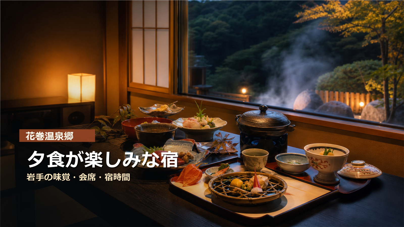 花巻温泉郷で夕食が楽しみな宿を岩手の味覚、会席、宿時間で示す写真風アイキャッチ