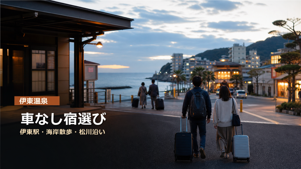 伊東温泉を車なしで楽しむ宿選びを伊東駅、海岸散歩、松川沿いで示す写真風アイキャッチ