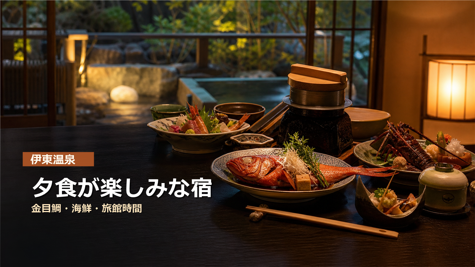伊東温泉で夕食が楽しみな宿を金目鯛、海鮮、旅館時間で示す写真風アイキャッチ