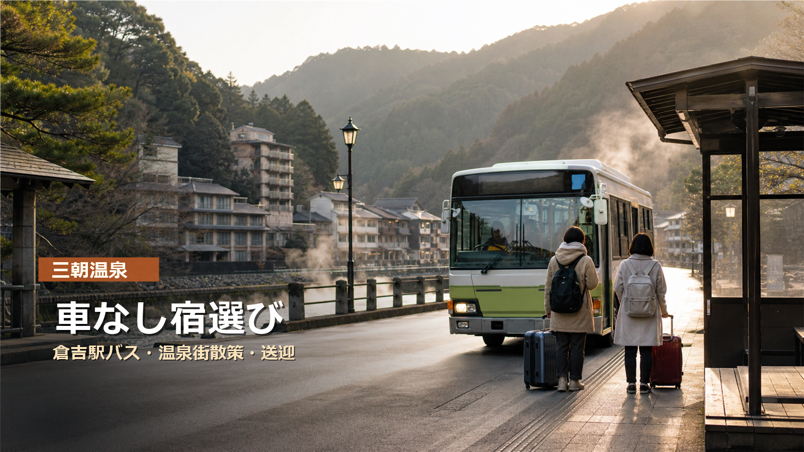 三朝温泉を車なしで楽しむ宿選びを倉吉駅バス、温泉街散策、送迎で示す写真風アイキャッチ