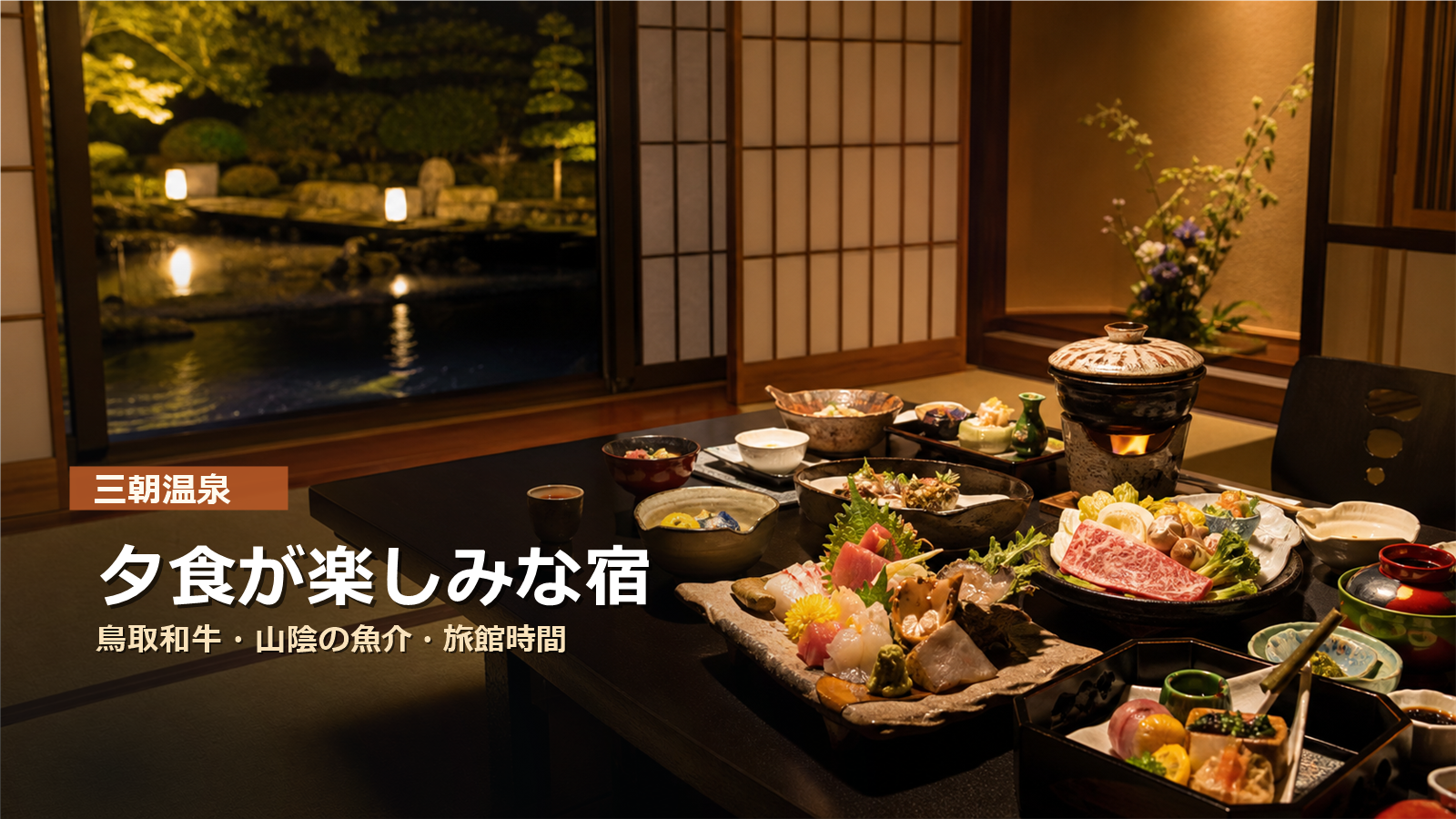 三朝温泉で夕食が楽しみな宿を鳥取和牛、山陰の魚介、旅館時間で示す写真風アイキャッチ
