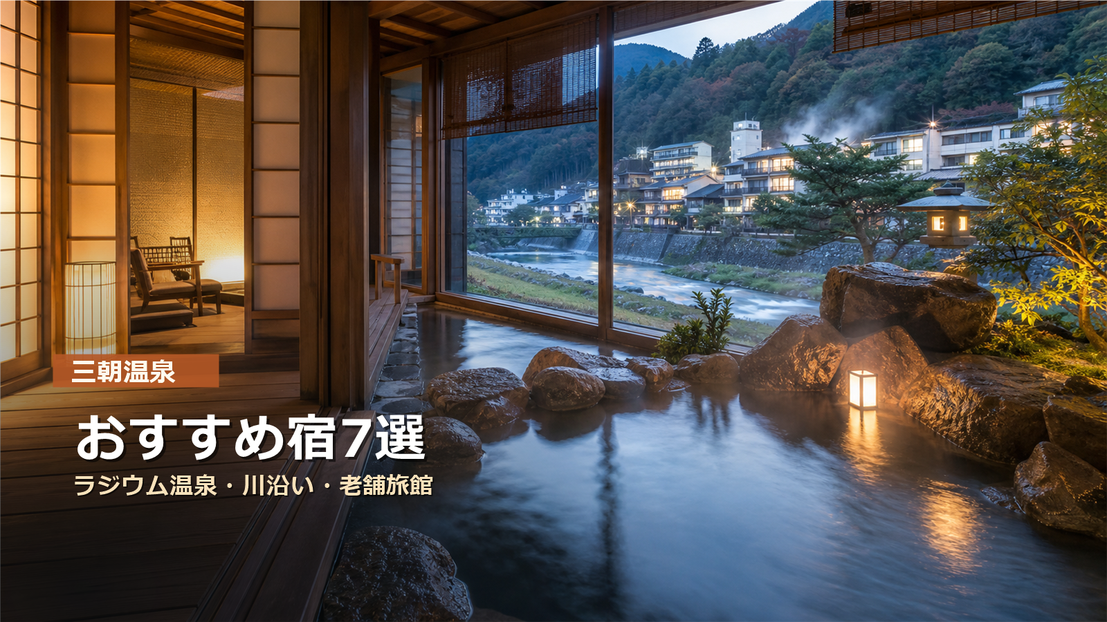 三朝温泉のおすすめ宿をラジウム温泉、川沿い、老舗旅館で示す写真風アイキャッチ