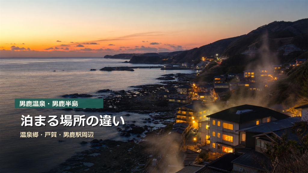 男鹿温泉・男鹿半島で泊まる場所を温泉郷、戸賀、男鹿駅周辺で比較する写真風アイキャッチ