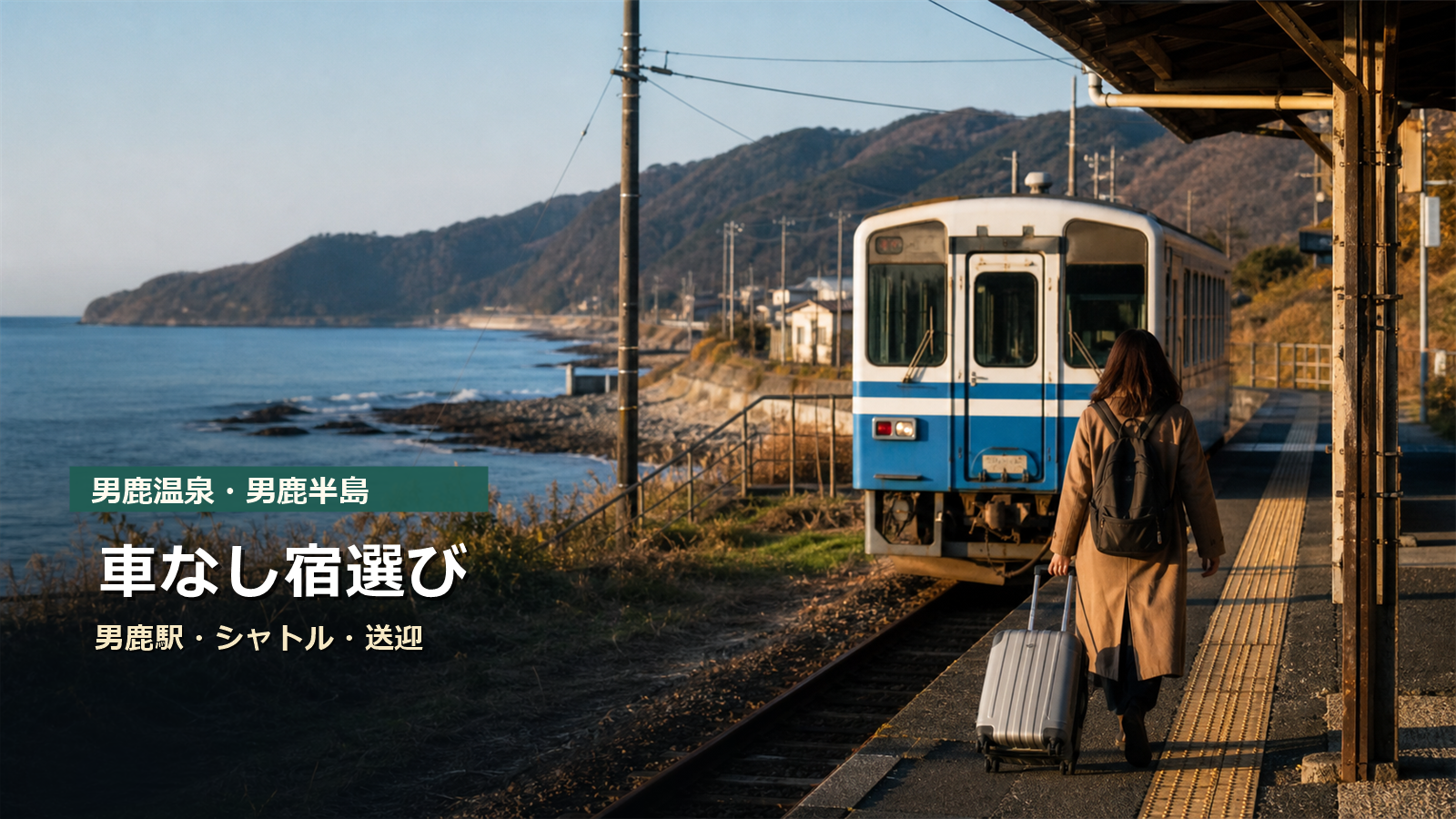 男鹿温泉・男鹿半島を車なしで楽しむ宿選びを男鹿駅、シャトル、送迎で示す写真風アイキャッチ