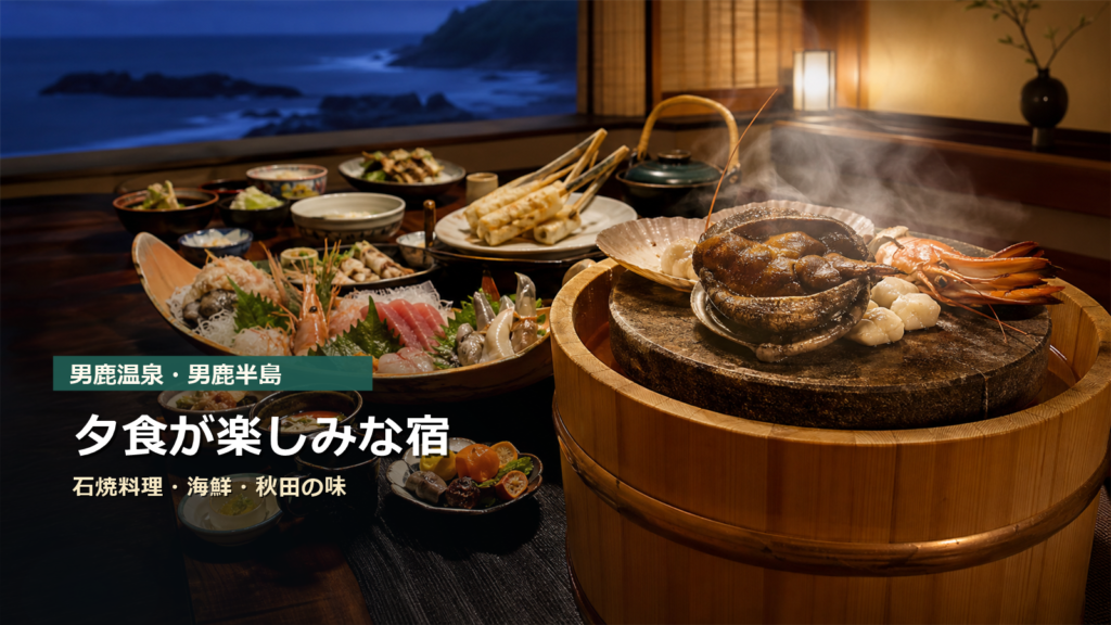 男鹿温泉・男鹿半島で夕食が楽しみな宿7選|石焼料理・海鮮・秋田の郷土料理で選ぶ