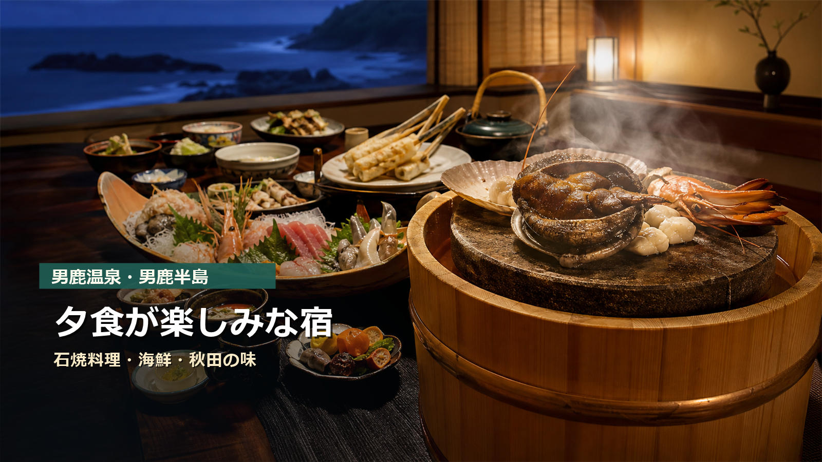 男鹿温泉・男鹿半島で夕食が楽しみな宿を石焼料理、海鮮、秋田の味で示す写真風アイキャッチ