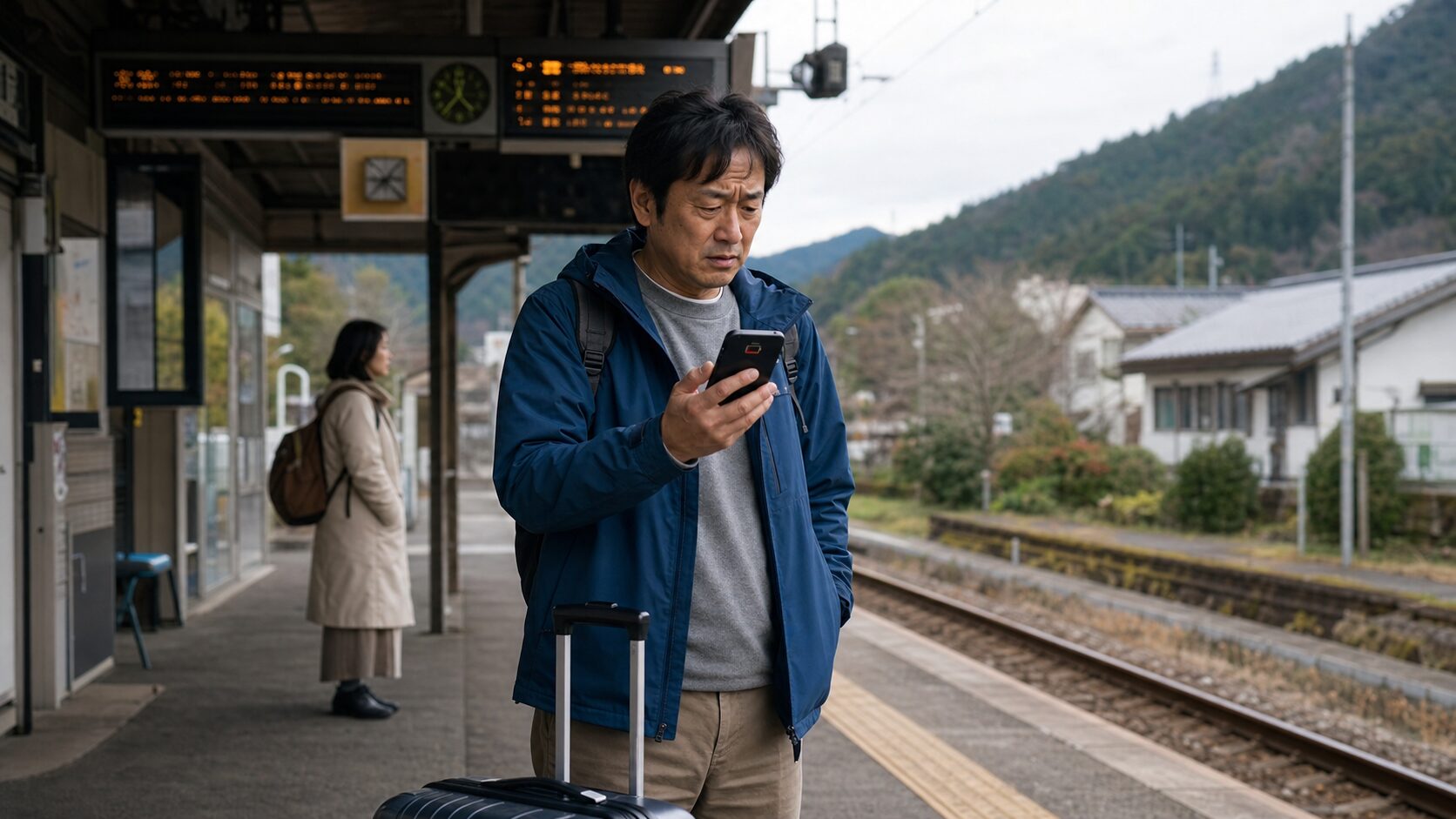 温泉旅行中の電車遅延とスマートフォンの電池切れに困る男性