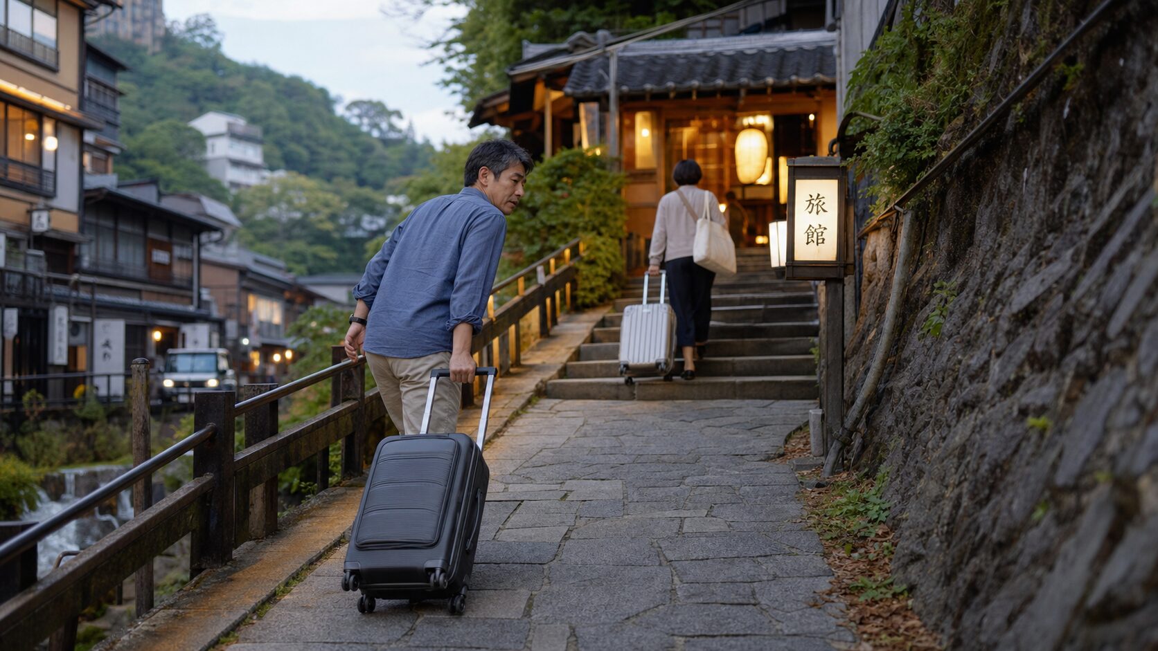温泉宿までの坂道でキャリーケースを運ぶ男性
