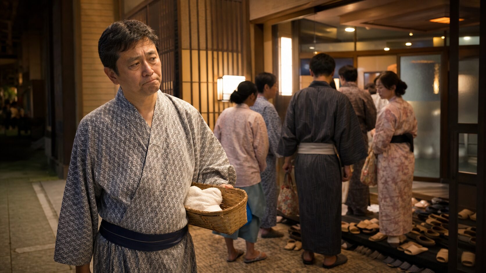 混雑した温泉宿の大浴場前で戸惑う男性