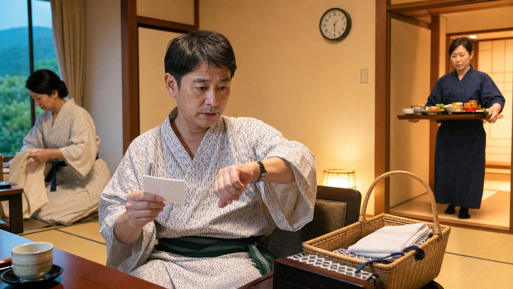 温泉宿の夕食と入浴時間に追われる男性