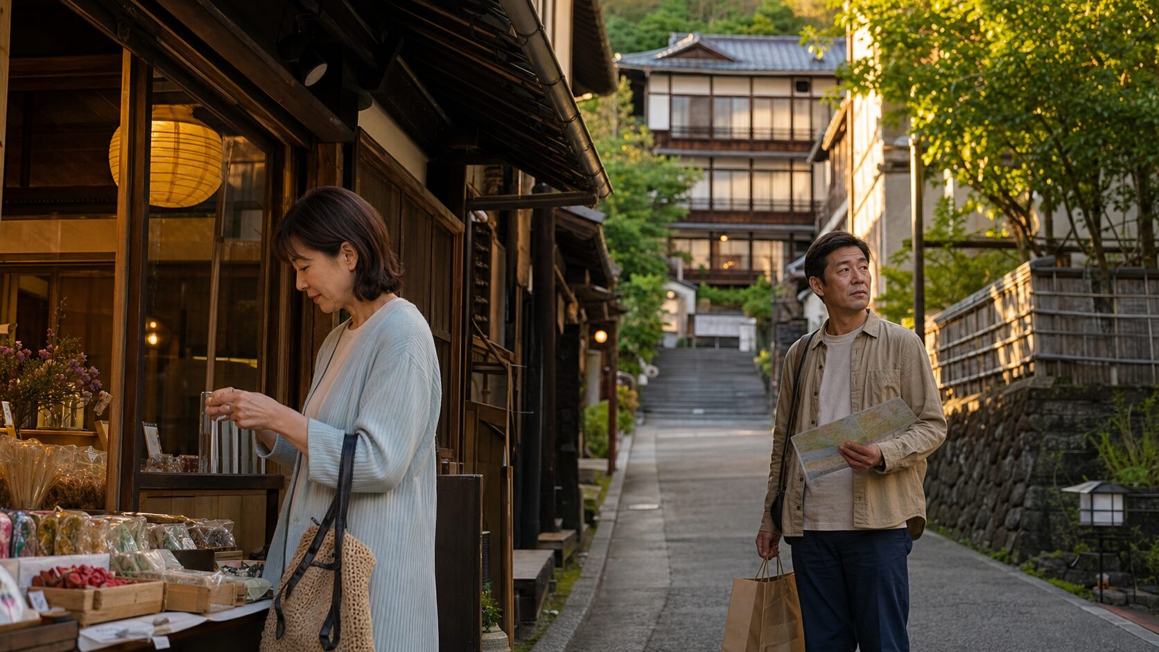 温泉街で同行者との希望の違いに疲れる男性