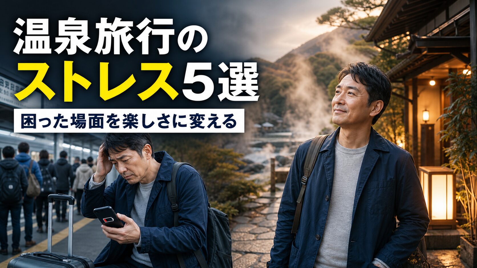 温泉旅行のストレス場面と解決後の温泉宿での時間を対比したアイキャッチ