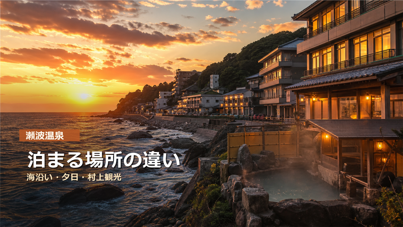 瀬波温泉で泊まる場所を海沿い、夕日、村上観光で比較する写真風アイキャッチ