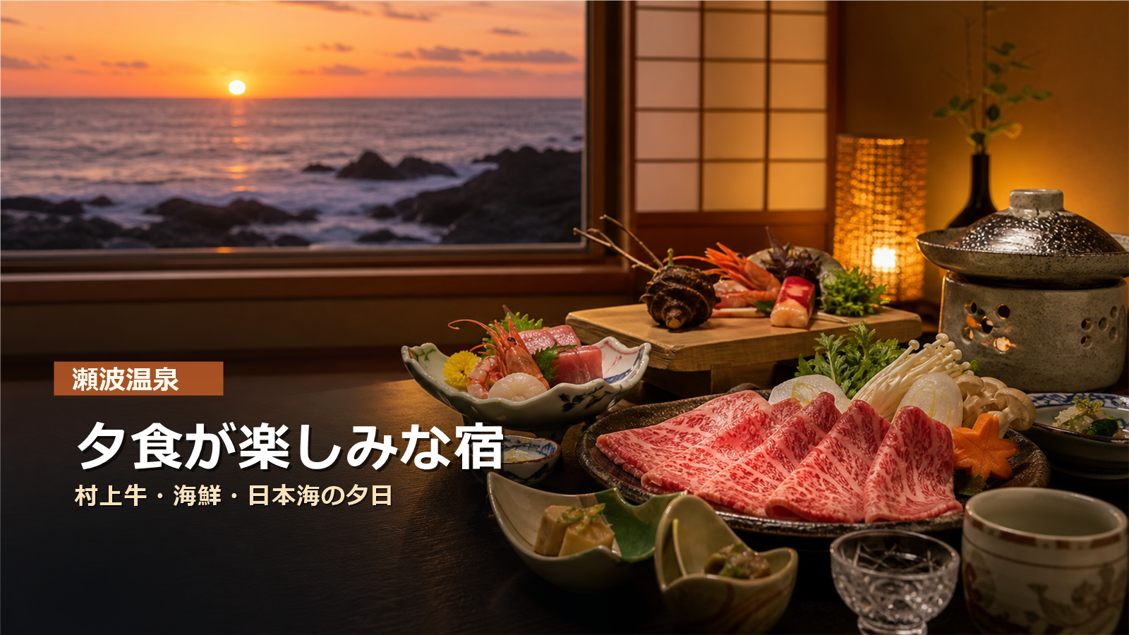 瀬波温泉で夕食が楽しみな宿を村上牛、海鮮、日本海の夕日で示す写真風アイキャッチ