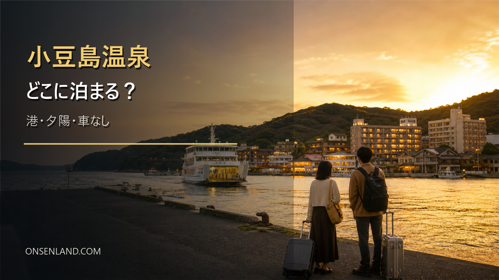小豆島温泉で泊まる場所を港、夕陽、車なしで比較する写真風アイキャッチ
