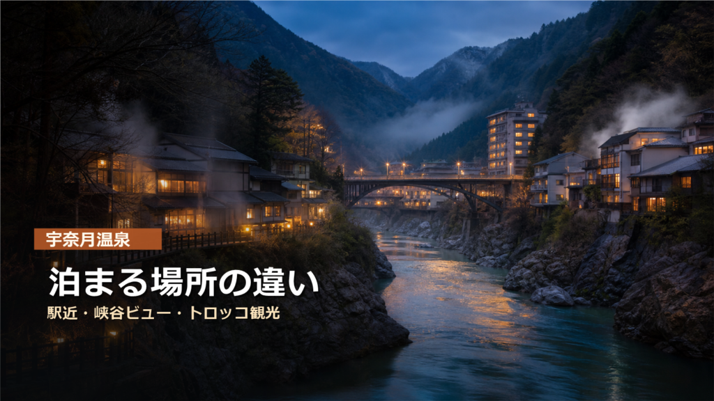 宇奈月温泉で泊まる場所を駅近、峡谷ビュー、トロッコ観光で比較する写真風アイキャッチ