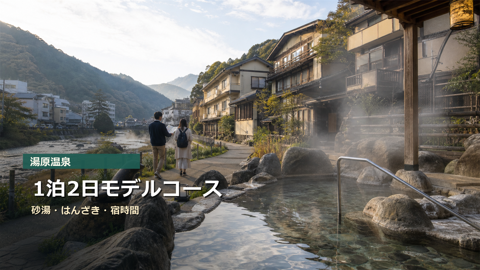 湯原温泉1泊2日モデルコースを砂湯、はんざき、宿時間で示す写真風アイキャッチ