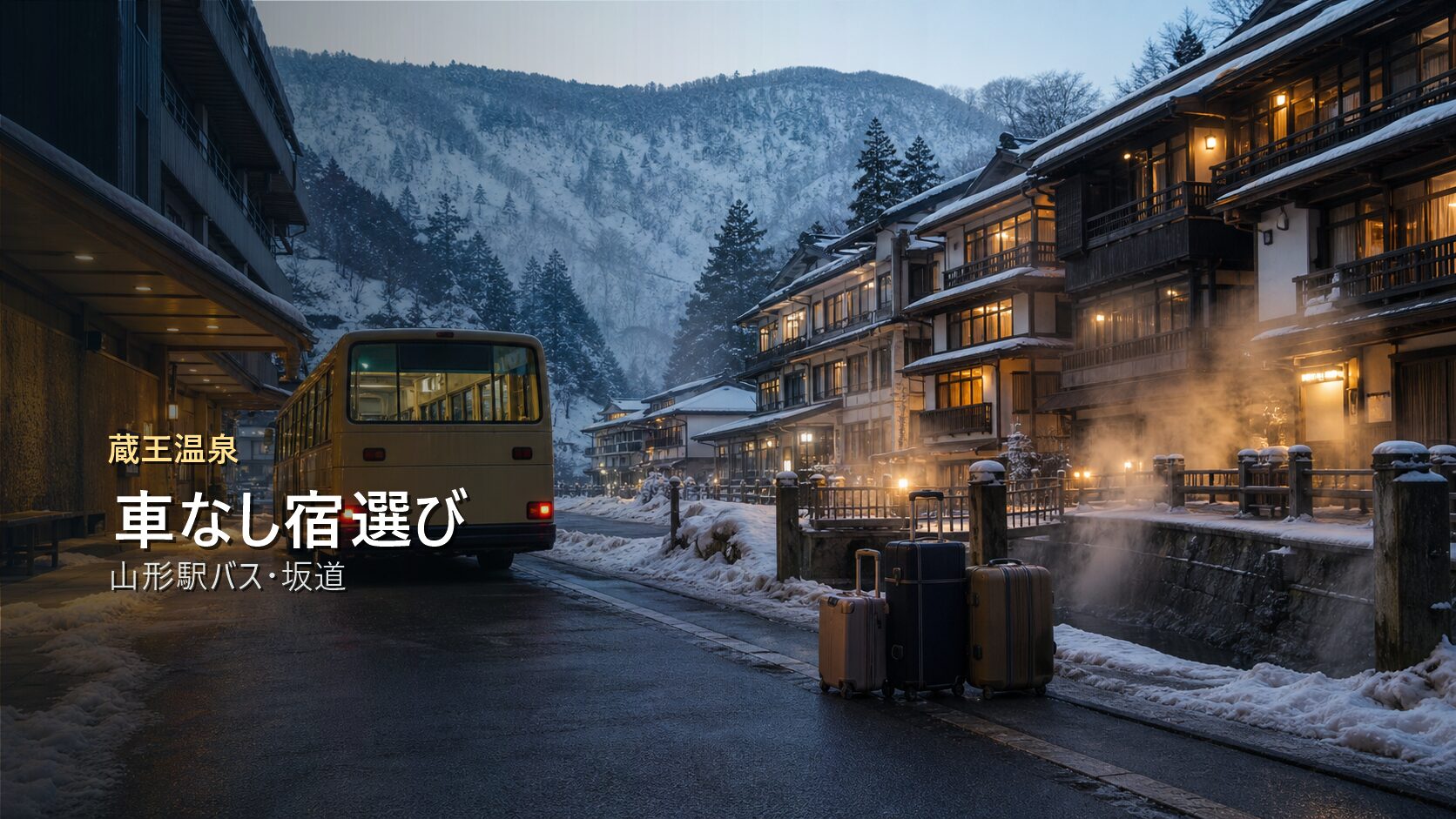 蔵王温泉を車なしで楽しむ宿選びを山形駅バスと坂道で示す写真風アイキャッチ