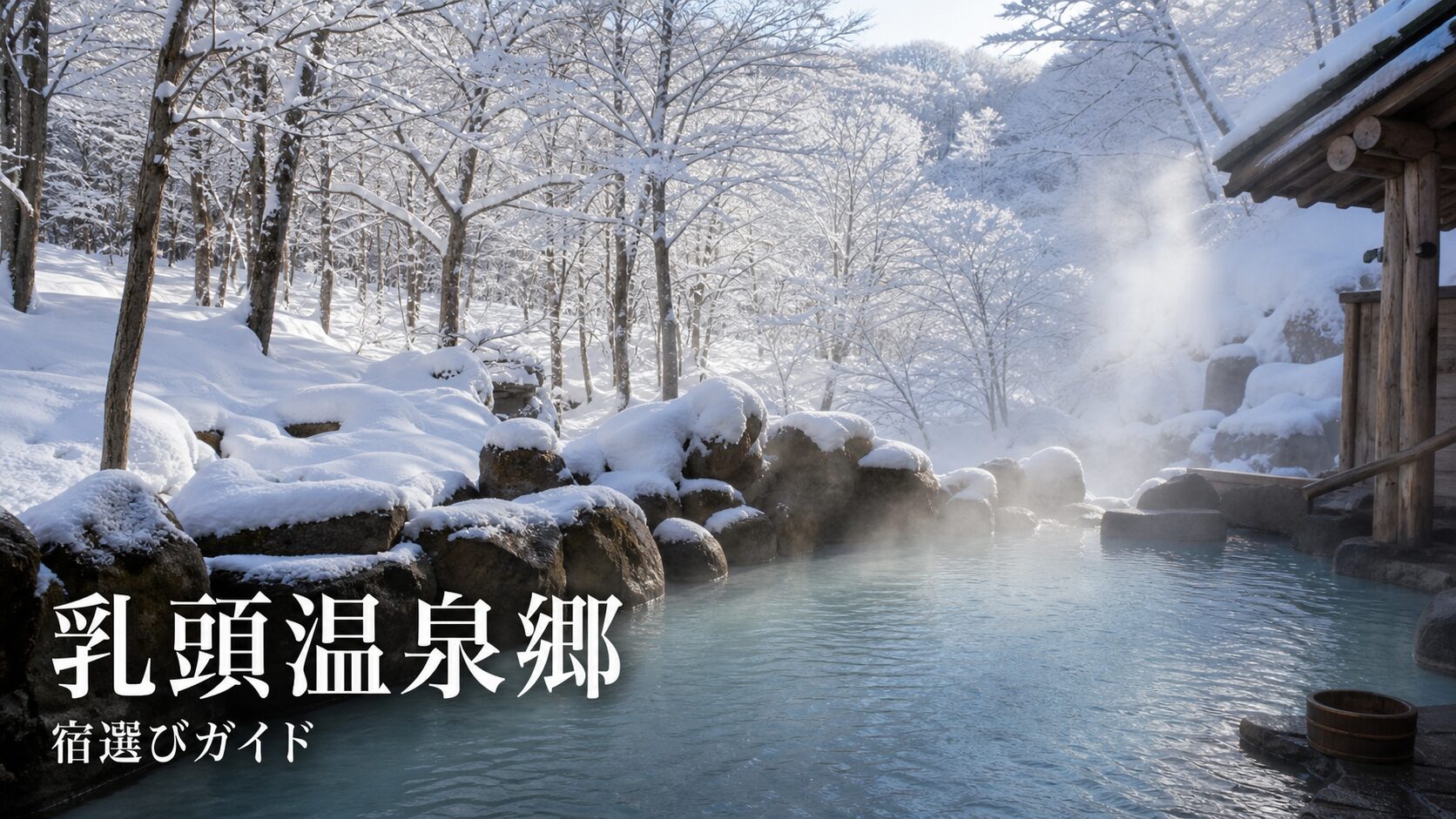 雪のブナ林と露天風呂で乳頭温泉郷の宿選びを表した写真風アイキャッチ