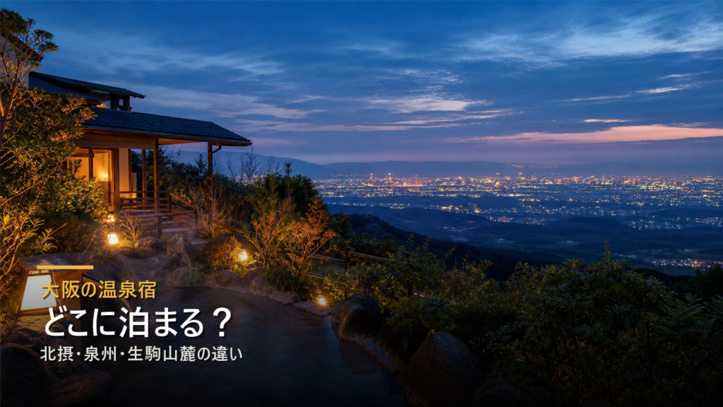 大阪で温泉宿に泊まるならどこか北摂・泉州・生駒山麓の違いを比較する写真風アイキャッチ