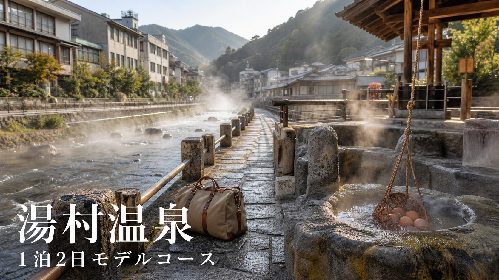 湯村温泉の荒湯と旅行かばんで1泊2日モデルコースを表した写真風アイキャッチ