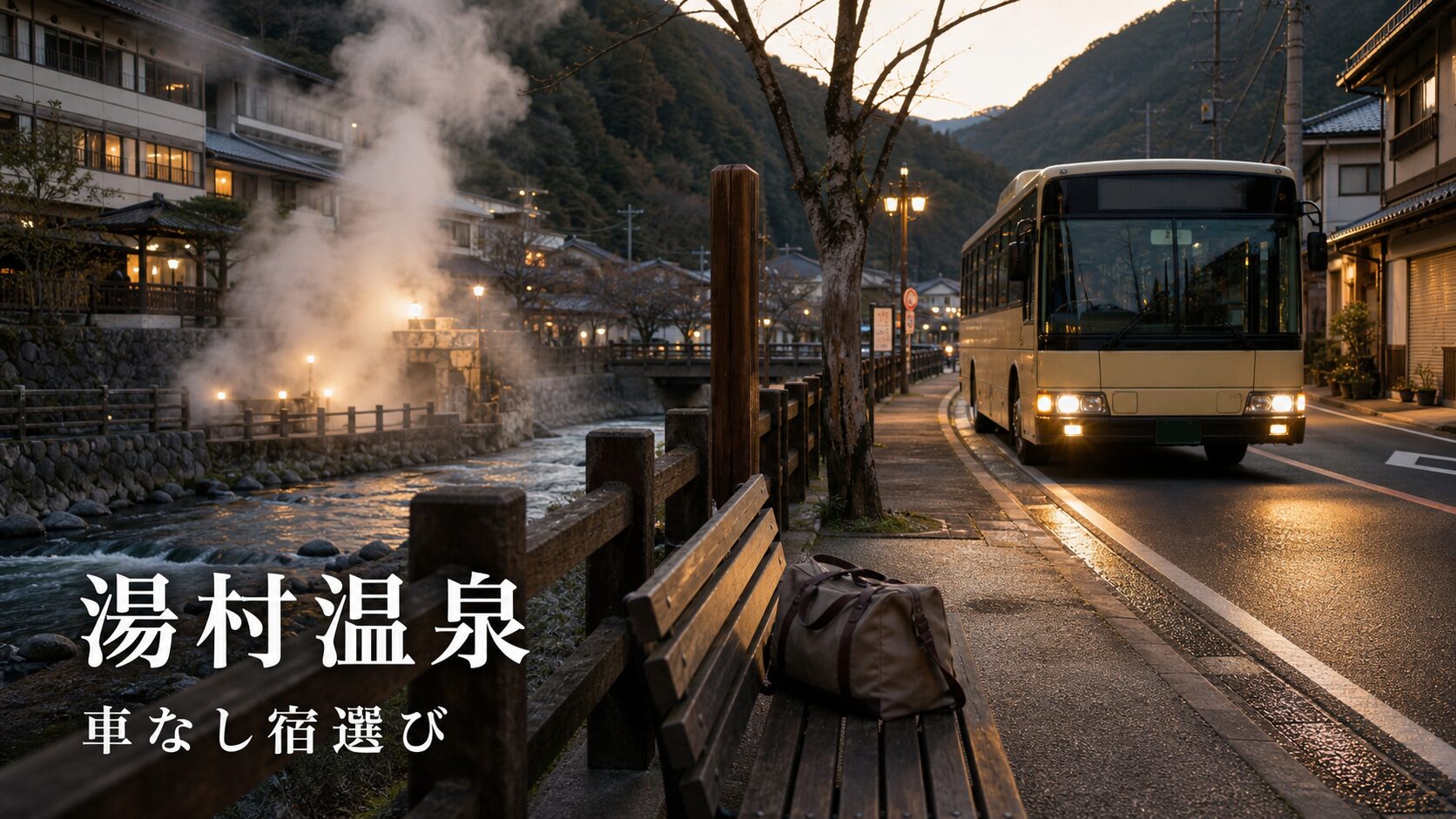 湯村温泉のバス停と湯けむりで車なし宿選びを表した写真風アイキャッチ