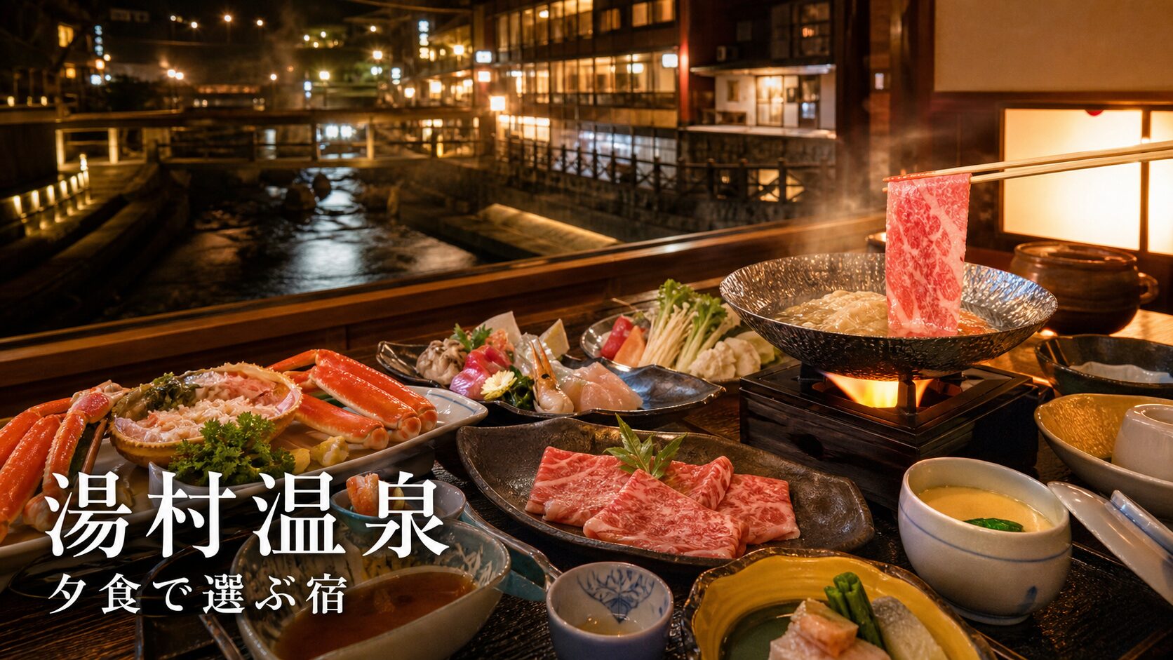 湯村温泉の夜景を眺めながら但馬牛とかに料理を楽しむ夕食記事の写真風アイキャッチ