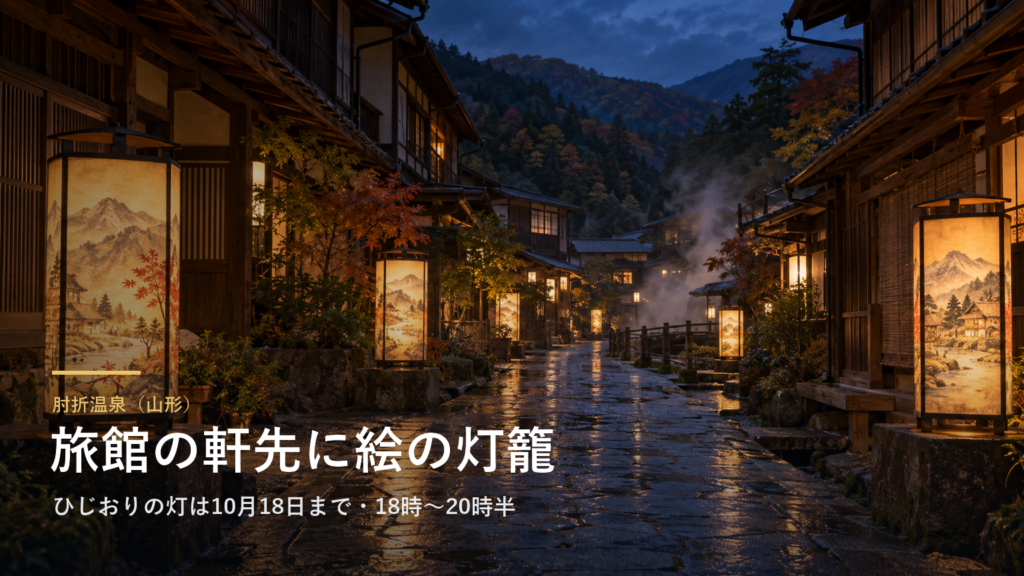 肘折温泉（山形） 旅館の軒先に絵の灯籠