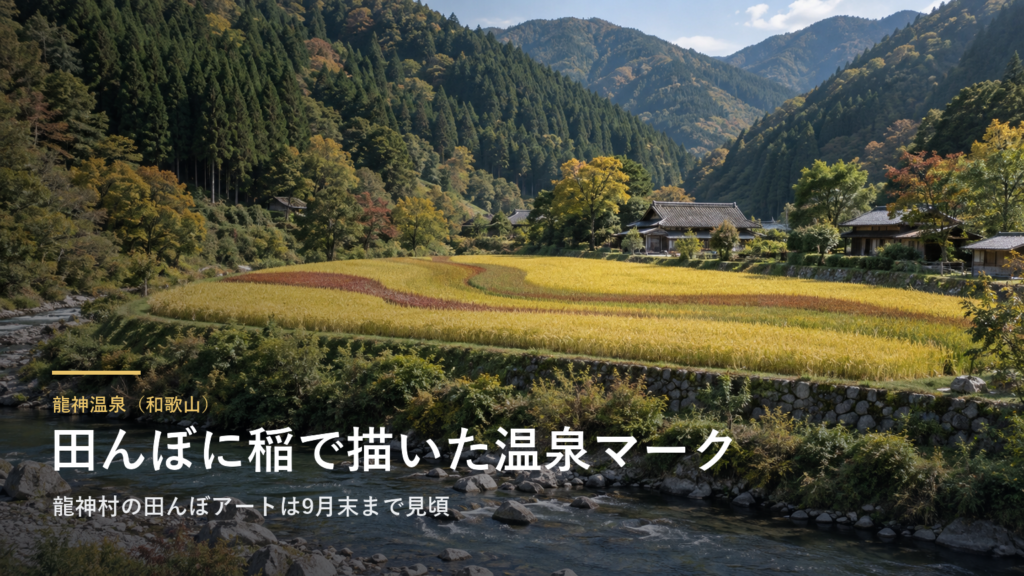 和歌山・龍神村の田んぼに、稲で描いた温泉マークが浮かんでいます|見頃は9月末まで、龍神市民センターの駐車場から見えます