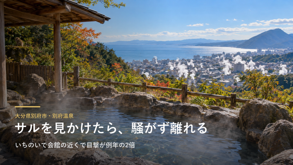 大分・別府の日帰り温泉「いちのいで会館」の近くで、サルの目撃が例年の2倍に｜入浴客が威嚇されることも。市は10月21日まで21地区を調べています