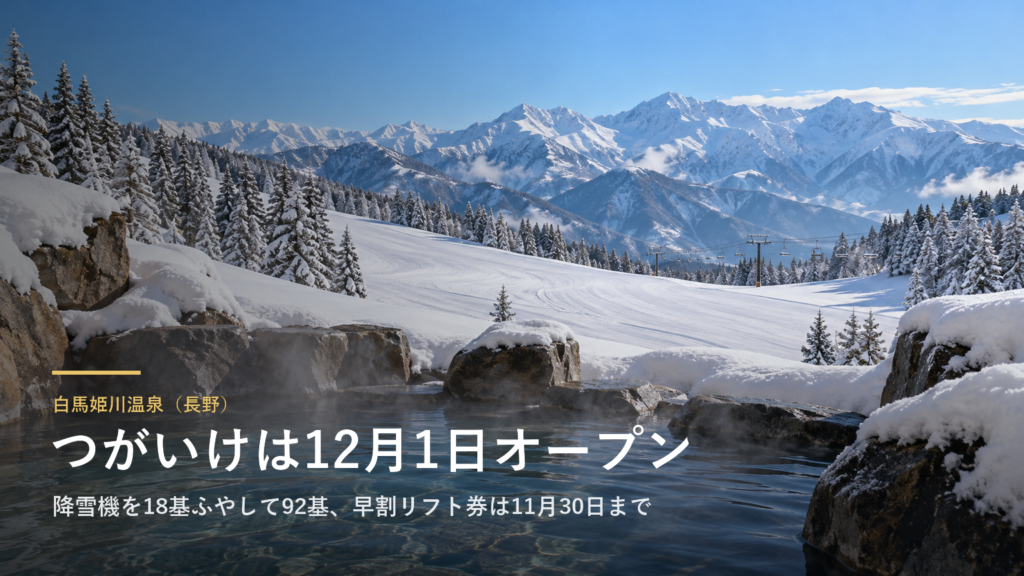長野・白馬姫川温泉に泊まって、つがいけでこの冬すべる1泊2日|12月1日オープン、降雪機を18基ふやして92基に。早割リフト券は11月30日まで