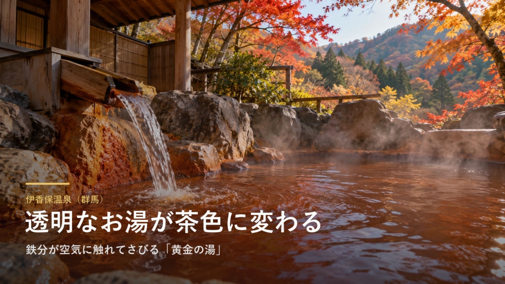 群馬・伊香保温泉の「黄金の湯」は、湧いたときは透明で、空気に触れると茶色に変わります|鉄分がさびる仕組みと、入れる場所