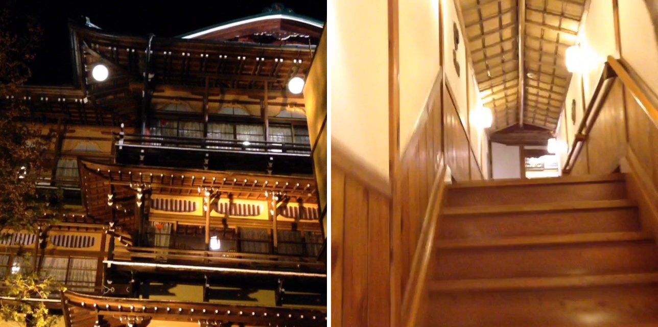 夜の渋温泉で明かりがともる金具屋の建物と、金具屋の館内の木の階段（2013年9月撮影）