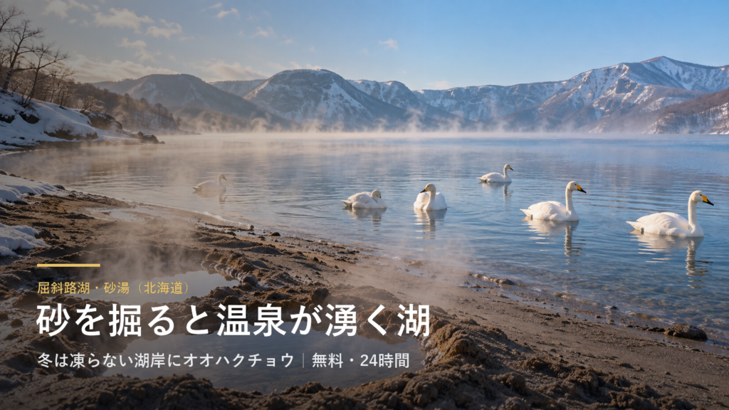 北海道・屈斜路湖の「砂湯」では、湖のほとりの砂を掘ると温泉が湧きます|冬は凍らない湖岸にオオハクチョウ