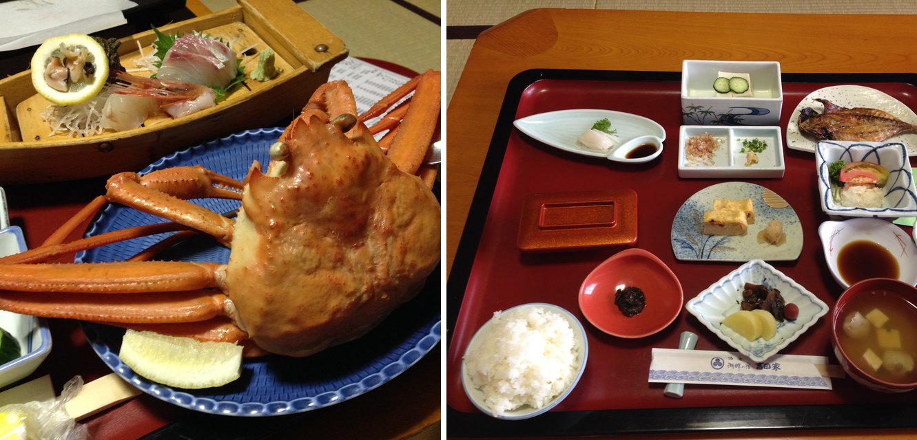 湖畔の宿 吉田家の夕食のカニと舟盛り、宿の名前入りの箸袋がある朝食(2014年8月撮影)