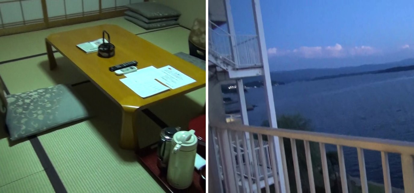 湖畔の宿 吉田家の湖側の和室と、ベランダから見た暮れかけた加茂湖(2014年8月撮影)