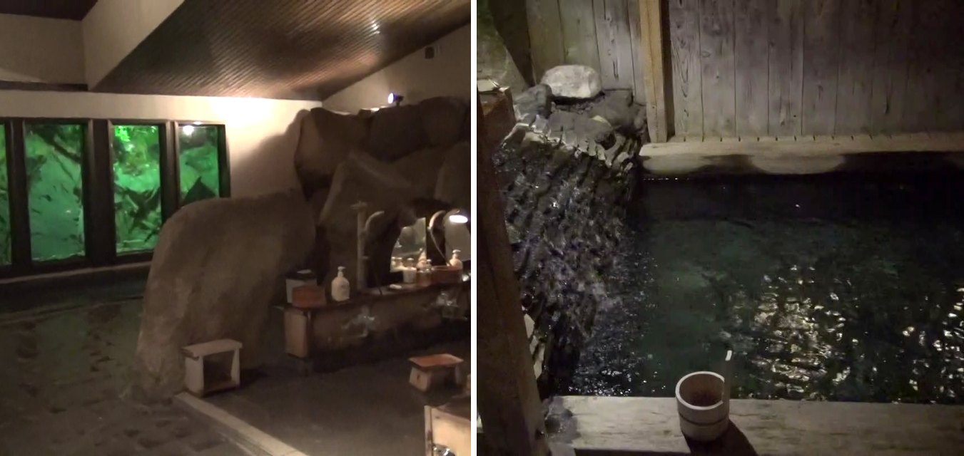 すみや亀峰菴の大浴場の内湯（岩の壁と洗い場）と、夜の露天風呂（2014年10月撮影）