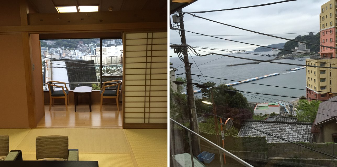 月の栖 熱海聚楽ホテルの和室と窓ぎわの椅子、同じ部屋の窓から見た熱海の海（2015年4月撮影）