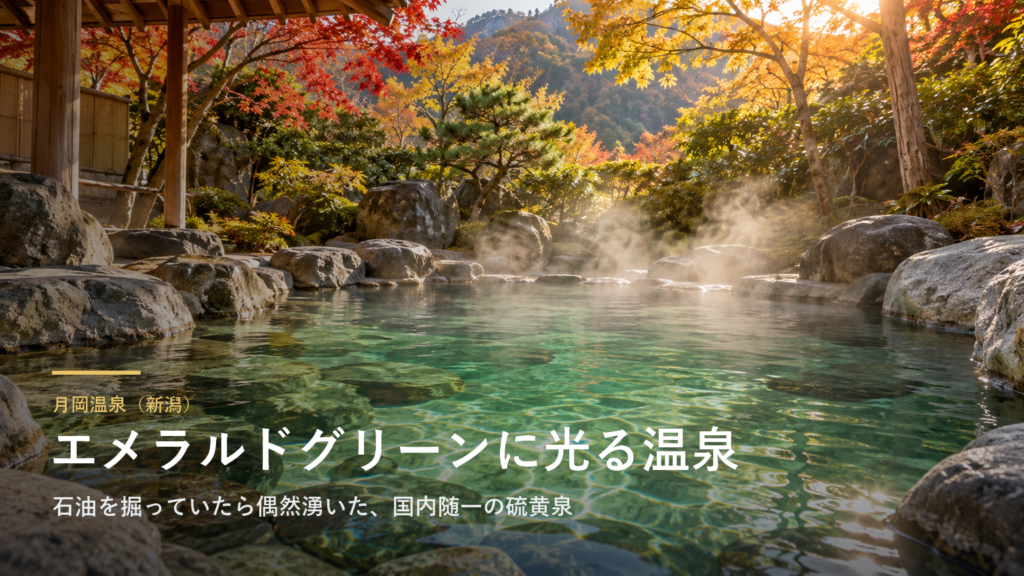 新潟・月岡温泉のお湯は、エメラルドグリーン色です|石油を掘っていたら偶然湧いた、国内随一の硫黄泉