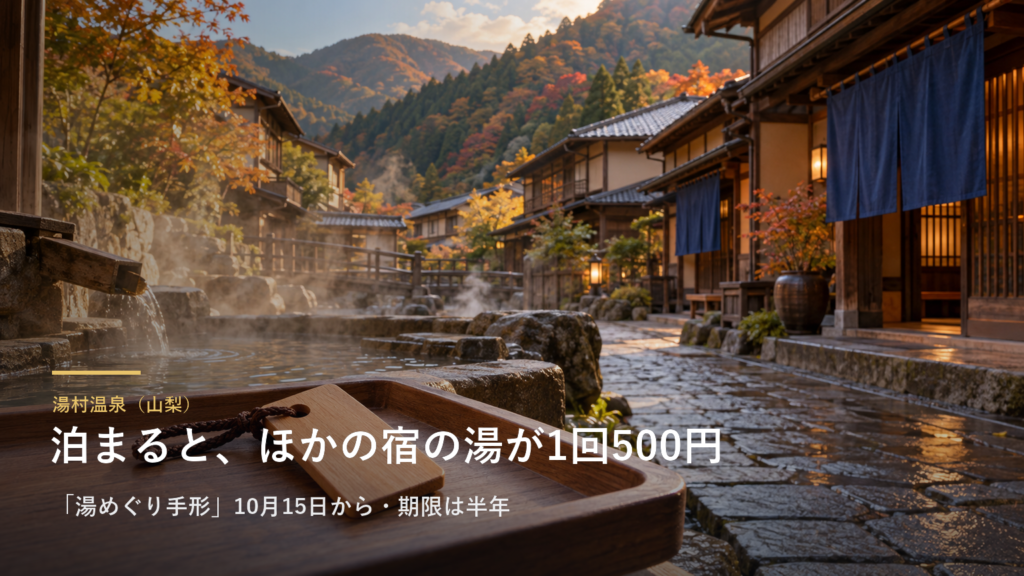 山梨県甲府市・湯村温泉に泊まると、ほかの宿の温泉に1回500円で入れる「湯めぐり手形」が始まりました｜期限は半年、7つの宿を全部回ると3,000円分のクーポン