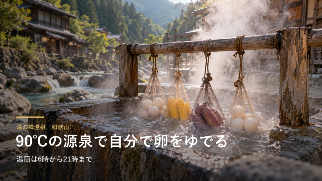 和歌山・湯の峰温泉では、90℃の源泉で自分で卵をゆでられます｜湯筒は6時から21時まで